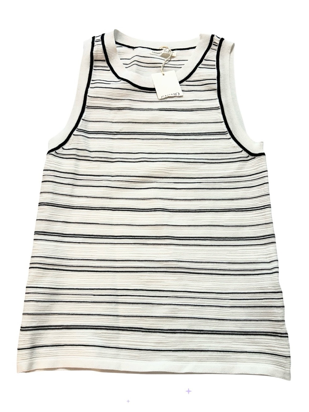 Oysho NWT White Black Long Modal Ribbed Striped Fine Knit Crew Tank Top Women M